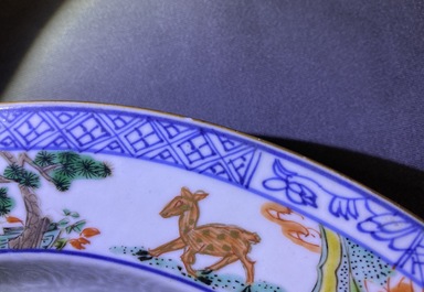 Een paar Chinese famille verte schotels en een caf&eacute; au lait bord, Kangxi