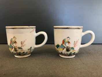 A pair of fine Chinese famille rose 'European subject' cups and saucers, Qianlong