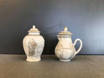 A Chinese grisaille 15-piece tea service with 'brothel' design, Yongzheng/Qianlong