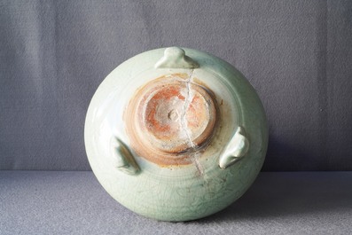 A large Chinese Longquan celadon tripod incense burner, Ming