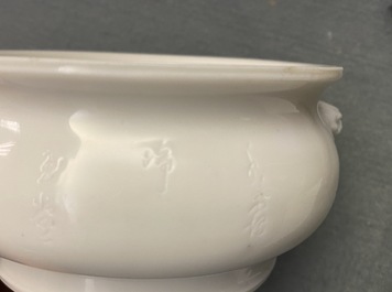 A Chinese blanc de Chine censer with inscription, Kangxi
