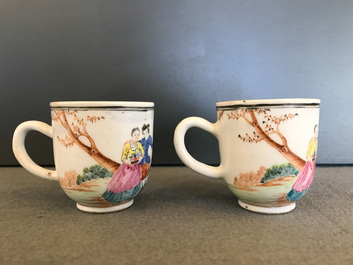 A pair of fine Chinese famille rose 'European subject' cups and saucers, Qianlong