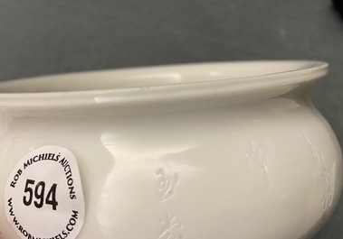 A Chinese blanc de Chine censer with inscription, Kangxi