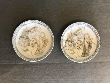 A Chinese grisaille 15-piece tea service with 'brothel' design, Yongzheng/Qianlong