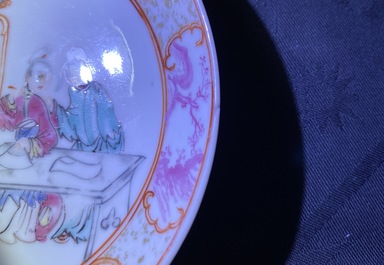 Four Chinese famille rose 'mandarin' cups and saucers, Qianlong