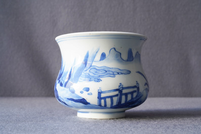 A Chinese blue and white censer with figures in a landscape, Kangxi