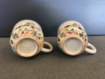 A pair of fine Chinese famille rose 'European subject' cups and saucers, Qianlong