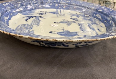 A large Chinese blue and white 'Romance of the Western chamber' dish, Qianlong