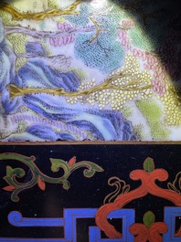 Two Chinese famille rose landscape plaques in a lacquered chest, marked Wang Yeting, 19/20th C.