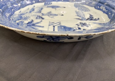 A large Chinese blue and white 'Romance of the Western chamber' dish, Qianlong
