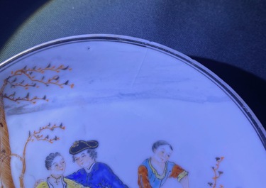A pair of fine Chinese famille rose 'European subject' cups and saucers, Qianlong