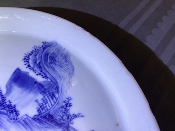 Two Chinese blue and white 'river landscape' dishes, Kangxi/Yongzheng