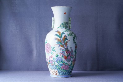 A Chinese famille rose 'phoenix and crane' vase, Qianlong mark, 19th C.