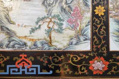Two Chinese famille rose landscape plaques in a lacquered chest, marked Wang Yeting, 19/20th C.