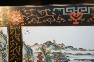 Two Chinese famille rose landscape plaques in a lacquered chest, marked Wang Yeting, 19/20th C.