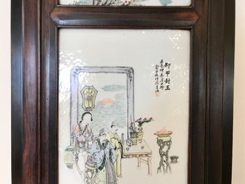 A Chinese wooden closet with 23 qianjiang cai plaques, 19/20th C.