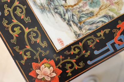 Two Chinese famille rose landscape plaques in a lacquered chest, marked Wang Yeting, 19/20th C.