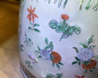 A pair of large Chinese famille verte celadon-ground vases with figural design, 19th C.