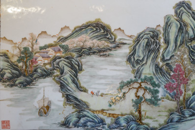 Two Chinese famille rose landscape plaques in a lacquered chest, marked Wang Yeting, 19/20th C.