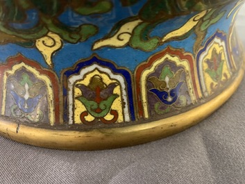 A large Chinese cloisonn&eacute; hu vase with lotus scrolls, marked Qi Yu Bao Tung Chih Chen, 19th C.