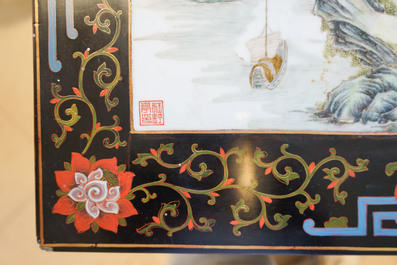 Two Chinese famille rose landscape plaques in a lacquered chest, marked Wang Yeting, 19/20th C.
