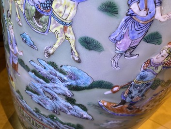 A pair of large Chinese famille verte celadon-ground vases with figural design, 19th C.