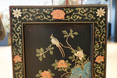 Two Chinese famille rose landscape plaques in a lacquered chest, marked Wang Yeting, 19/20th C.