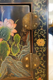 Two Chinese famille rose landscape plaques in a lacquered chest, marked Wang Yeting, 19/20th C.