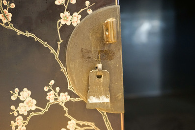 Two Chinese famille rose landscape plaques in a lacquered chest, marked Wang Yeting, 19/20th C.