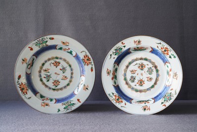 Four Chinese famille verte 'ducks in lotus pond' plates, Kangxi
