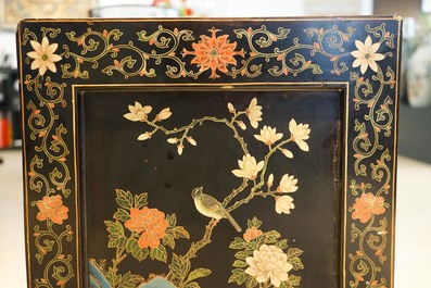 Two Chinese famille rose landscape plaques in a lacquered chest, marked Wang Yeting, 19/20th C.