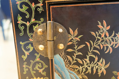 Two Chinese famille rose landscape plaques in a lacquered chest, marked Wang Yeting, 19/20th C.