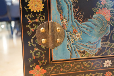 Two Chinese famille rose landscape plaques in a lacquered chest, marked Wang Yeting, 19/20th C.