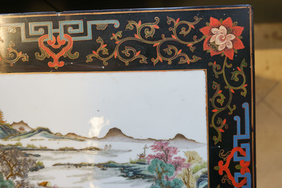 Two Chinese famille rose landscape plaques in a lacquered chest, marked Wang Yeting, 19/20th C.