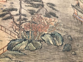 Chinese school, after Qiu Ying (c.1494-1551/52), ink and colour on silk: 'mountainous landscape', inscribed and dated 1545