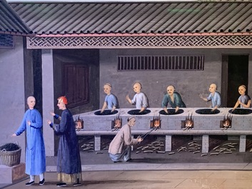 Chinese school, Canton, watercolour on paper, 19th C.: Four tea production scenes