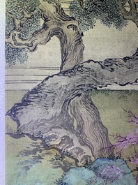 Chinese school, 18/19th C., ink and colour on silk: 'landscape with figures near a pagoda'