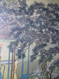 Chinese school, 18/19th C., ink and colour on silk: 'landscape with figures near a pagoda'