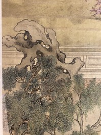 Chinese school, 18/19th C., ink and colour on silk: 'landscape with figures near a pagoda'