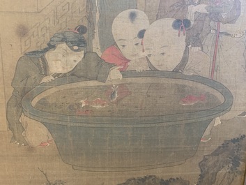 Chinese school, after Su Hanchen (1094-1172), ink and colour on silk: a lady and children near a fish bowl