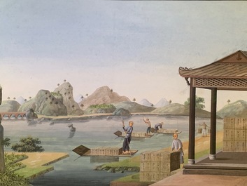 Chinese school, Canton, watercolour on paper, 19th C.: Four tea production scenes