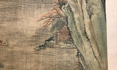 Chinese school, after Qiu Ying (c.1494-1551/52), ink and colour on silk: 'mountainous landscape', inscribed and dated 1545