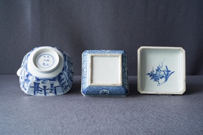 A Chinese blue and white square box and cover and a bowl, Chenghua mark, Kangxi