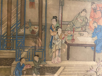 Chinese school, 18/19th C., ink and colour on silk: 'landscape with figures near a pagoda'