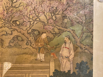 Chinese school, 18/19th C., ink and colour on silk: 'landscape with figures near a pagoda'