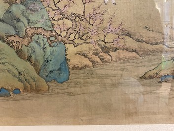Chinese school, 18/19th C., ink and colour on silk: 'landscape with figures near a pagoda'