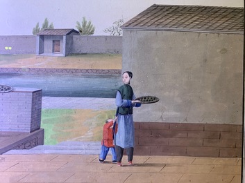 Chinese school, Canton, watercolour on paper, 19th C.: Four tea production scenes