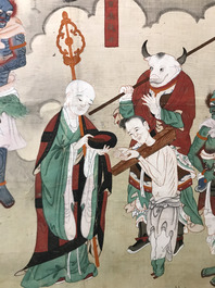 Ecole chinoise, encre et couleurs sur papier, Qing: 'Guerriers et saints en ciel'