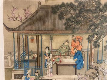 Chinese school, 18/19th C., ink and colour on silk: 'landscape with figures near a pagoda'