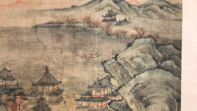 Chinese school, after Qiu Ying (c.1494-1551/52), ink and colour on silk: 'mountainous landscape', inscribed and dated 1545